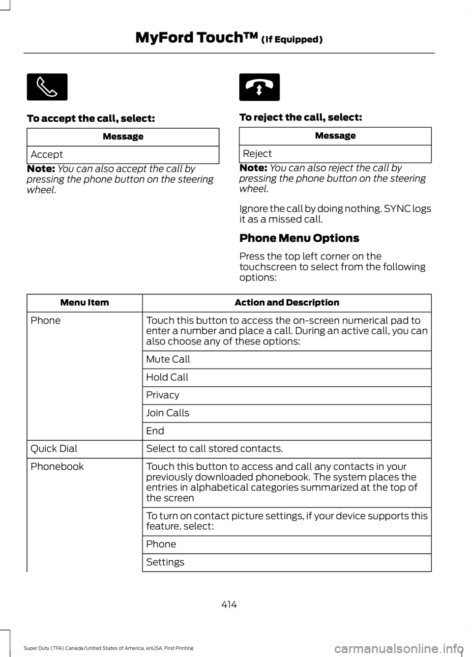 FORD F250 SUPER DUTY 2016 Owners Manual To accept the call, select:
Message
Accept
Note:You can also accept the call bypressing the phone button on the steeringwheel.
To reject the call, select:
Message
Reject
Note:You can also reject the c FORD F250 SUPER DUTY 2016 Owners Manual To accept the call, select:
Message
Accept
Note:You can also accept the call bypressing the phone button on the steeringwheel.
To reject the call, select:
Message
Reject
Note:You can also reject the c