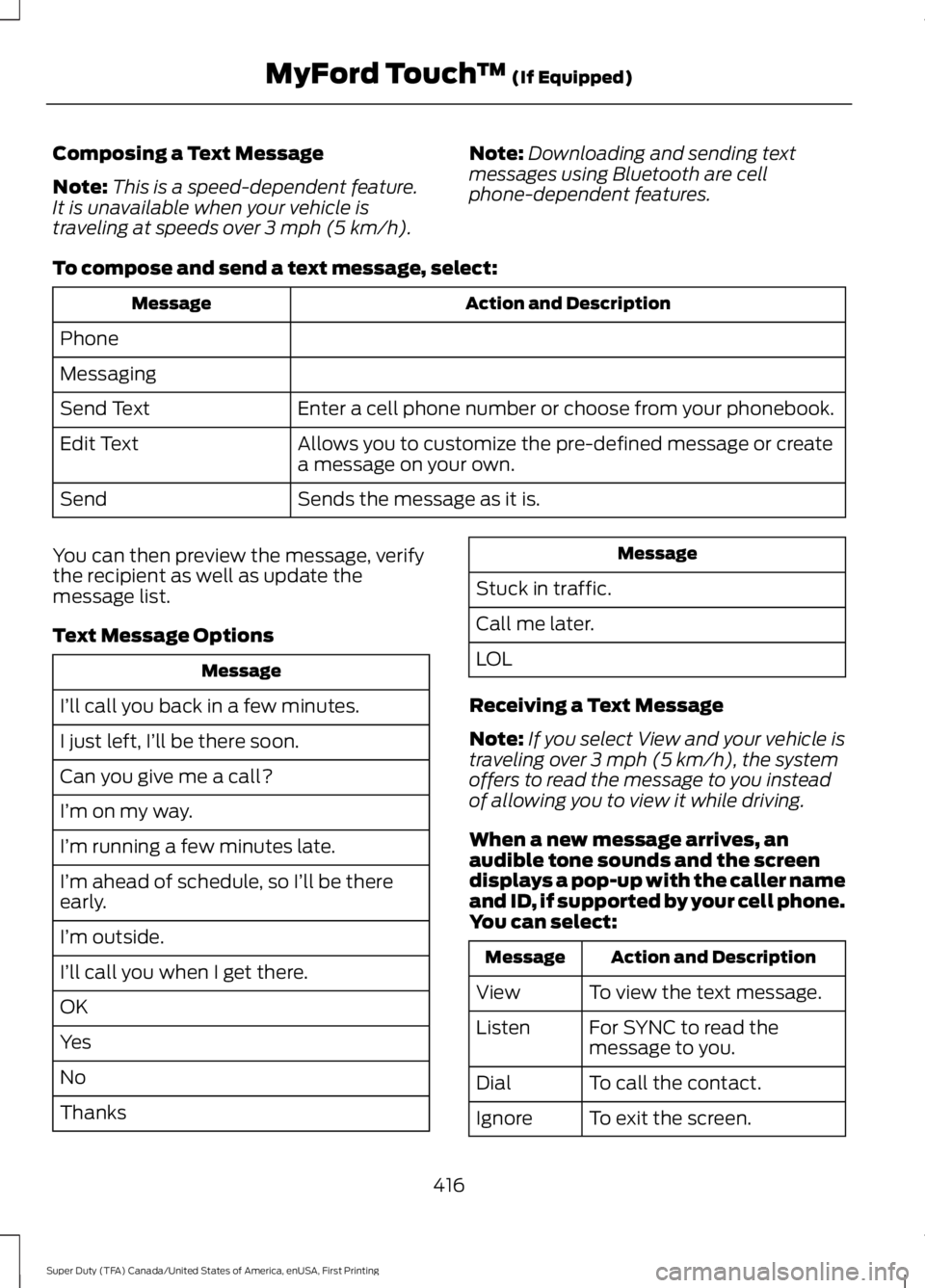 FORD F250 SUPER DUTY 2016 Owners Manual Composing a Text Message
Note:This is a speed-dependent feature.It is unavailable when your vehicle istraveling at speeds over 3 mph (5 km/h).
Note:Downloading and sending textmessages using Bluetooth FORD F250 SUPER DUTY 2016 Owners Manual Composing a Text Message
Note:This is a speed-dependent feature.It is unavailable when your vehicle istraveling at speeds over 3 mph (5 km/h).
Note:Downloading and sending textmessages using Bluetooth