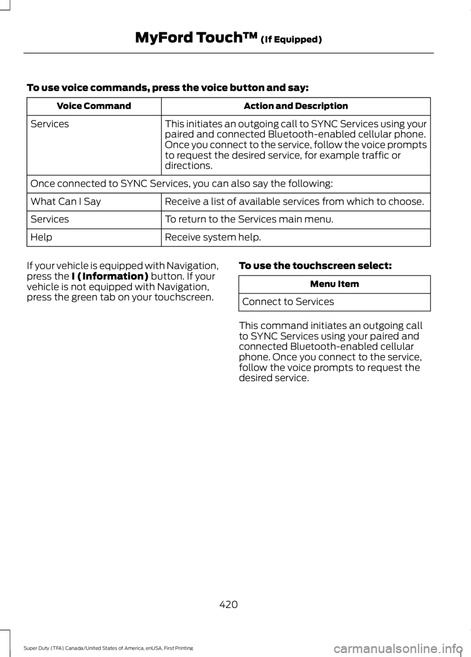 FORD F250 SUPER DUTY 2016 Owners Manual To use voice commands, press the voice button and say:
Action and DescriptionVoice Command
This initiates an outgoing call to SYNC Services using yourpaired and connected Bluetooth-enabled cellular ph FORD F250 SUPER DUTY 2016 Owners Manual To use voice commands, press the voice button and say:
Action and DescriptionVoice Command
This initiates an outgoing call to SYNC Services using yourpaired and connected Bluetooth-enabled cellular ph