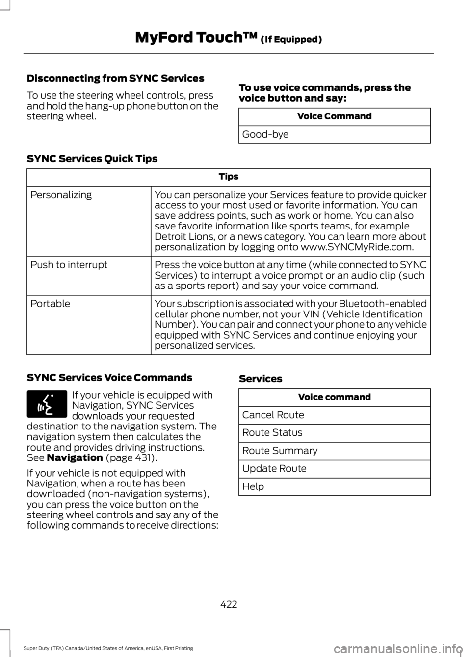 FORD F250 SUPER DUTY 2016 Owners Manual Disconnecting from SYNC Services
To use the steering wheel controls, pressand hold the hang-up phone button on thesteering wheel.
To use voice commands, press thevoice button and say:
Voice Command
Go FORD F250 SUPER DUTY 2016 Owners Manual Disconnecting from SYNC Services
To use the steering wheel controls, pressand hold the hang-up phone button on thesteering wheel.
To use voice commands, press thevoice button and say:
Voice Command
Go