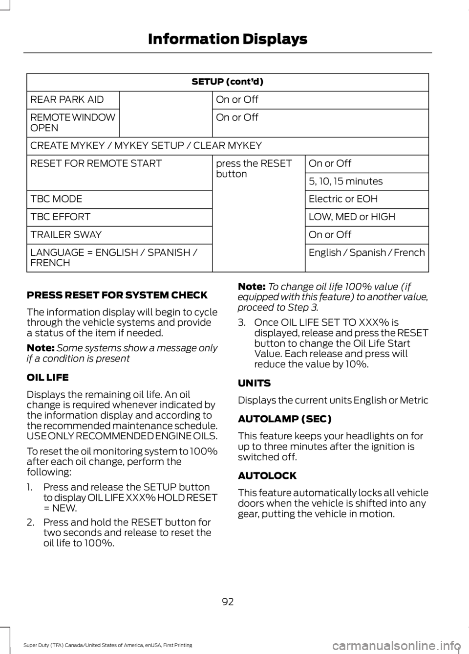 FORD F250 SUPER DUTY 2016 Owners Manual SETUP (cont’d)
On or OffREAR PARK AID
On or OffREMOTE WINDOWOPEN
CREATE MYKEY / MYKEY SETUP / CLEAR MYKEY
On or Offpress the RESETbuttonRESET FOR REMOTE START
5, 10, 15 minutes
Electric or EOHTBC MO FORD F250 SUPER DUTY 2016 Owners Manual SETUP (cont’d)
On or OffREAR PARK AID
On or OffREMOTE WINDOWOPEN
CREATE MYKEY / MYKEY SETUP / CLEAR MYKEY
On or Offpress the RESETbuttonRESET FOR REMOTE START
5, 10, 15 minutes
Electric or EOHTBC MO