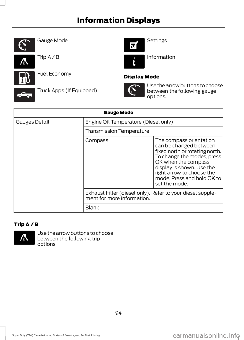 FORD F250 SUPER DUTY 2016  Owners Manual Gauge Mode
Trip A / B
Fuel Economy
Truck Apps (If Equipped)
Settings
Information
Display Mode
Use the arrow buttons to choosebetween the following gaugeoptions.
Gauge Mode
Engine Oil Temperature (Dies