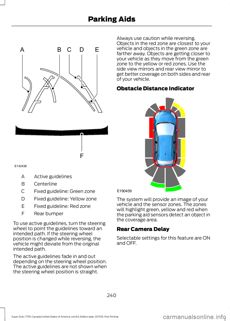 FORD F250 SUPER DUTY 2018  Owners Manual Active guidelines
A
Centerline
B
Fixed guideline: Green zone
C
Fixed guideline: Yellow zone
D
Fixed guideline: Red zone
E
Rear bumper
F
To use active guidelines, turn the steering
wheel to point the g