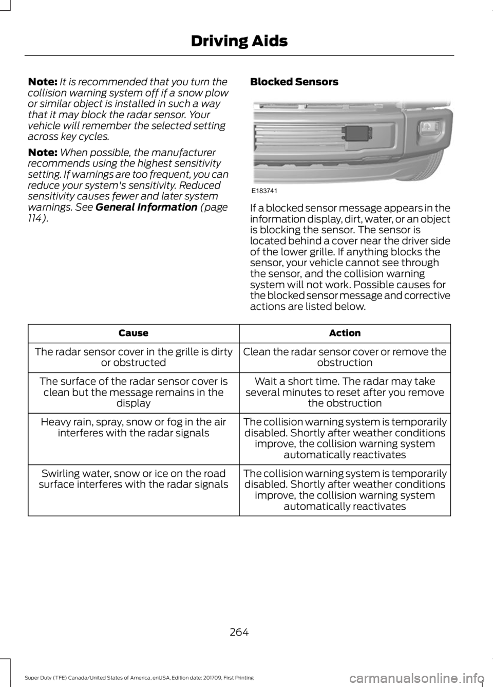 FORD F250 SUPER DUTY 2018  Owners Manual Note:
It is recommended that you turn the
collision warning system off if a snow plow
or similar object is installed in such a way
that it may block the radar sensor. Your
vehicle will remember the se
