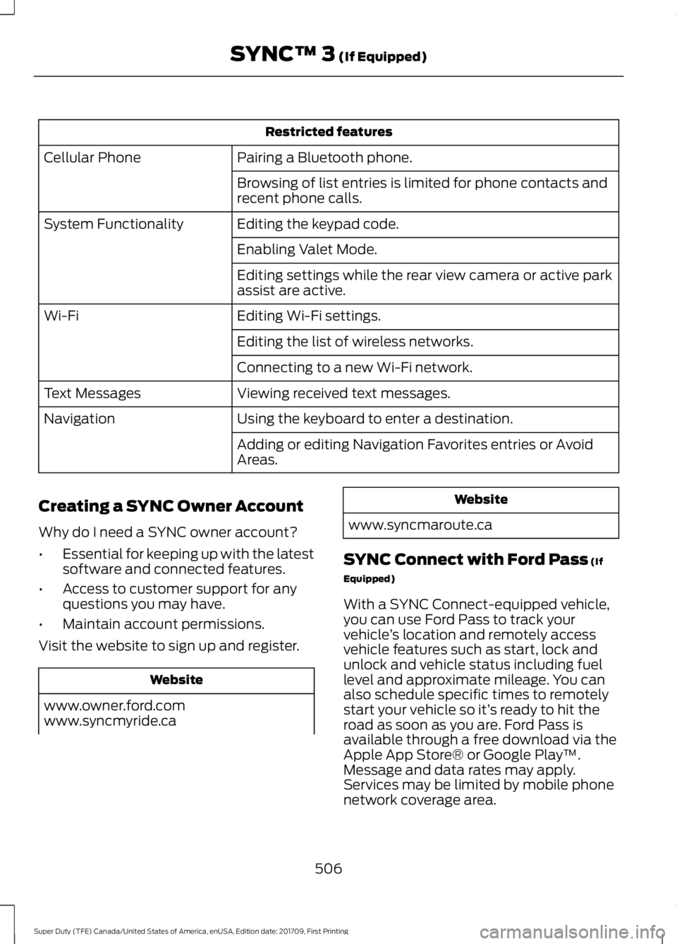 FORD F250 SUPER DUTY 2018  Owners Manual Restricted features
Pairing a Bluetooth phone.
Cellular Phone
Browsing of list entries is limited for phone contacts and
recent phone calls.
Editing the keypad code.
System Functionality
Enabling Vale