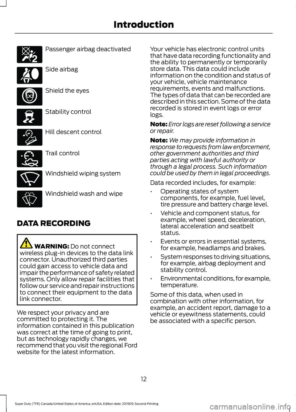 FORD F250 SUPER DUTY 2020 Owners Manual Passenger airbag deactivated
Side airbag
Shield the eyes
Stability control
Hill descent control
Trail control
Windshield wiping system
Windshield wash and wipe
DATA RECORDING WARNING: Do not connect
w FORD F250 SUPER DUTY 2020 Owners Manual Passenger airbag deactivated
Side airbag
Shield the eyes
Stability control
Hill descent control
Trail control
Windshield wiping system
Windshield wash and wipe
DATA RECORDING WARNING: Do not connect
w