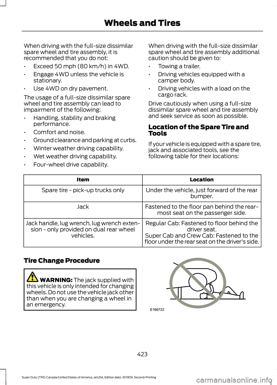 FORD F250 SUPER DUTY 2020 Owners Manual When driving with the full-size dissimilar
spare wheel and tire assembly, it is
recommended that you do not:
•
Exceed 50 mph (80 km/h) in 4WD.
• Engage 4WD unless the vehicle is
stationary.
• Us FORD F250 SUPER DUTY 2020 Owners Manual When driving with the full-size dissimilar
spare wheel and tire assembly, it is
recommended that you do not:
•
Exceed 50 mph (80 km/h) in 4WD.
• Engage 4WD unless the vehicle is
stationary.
• Us