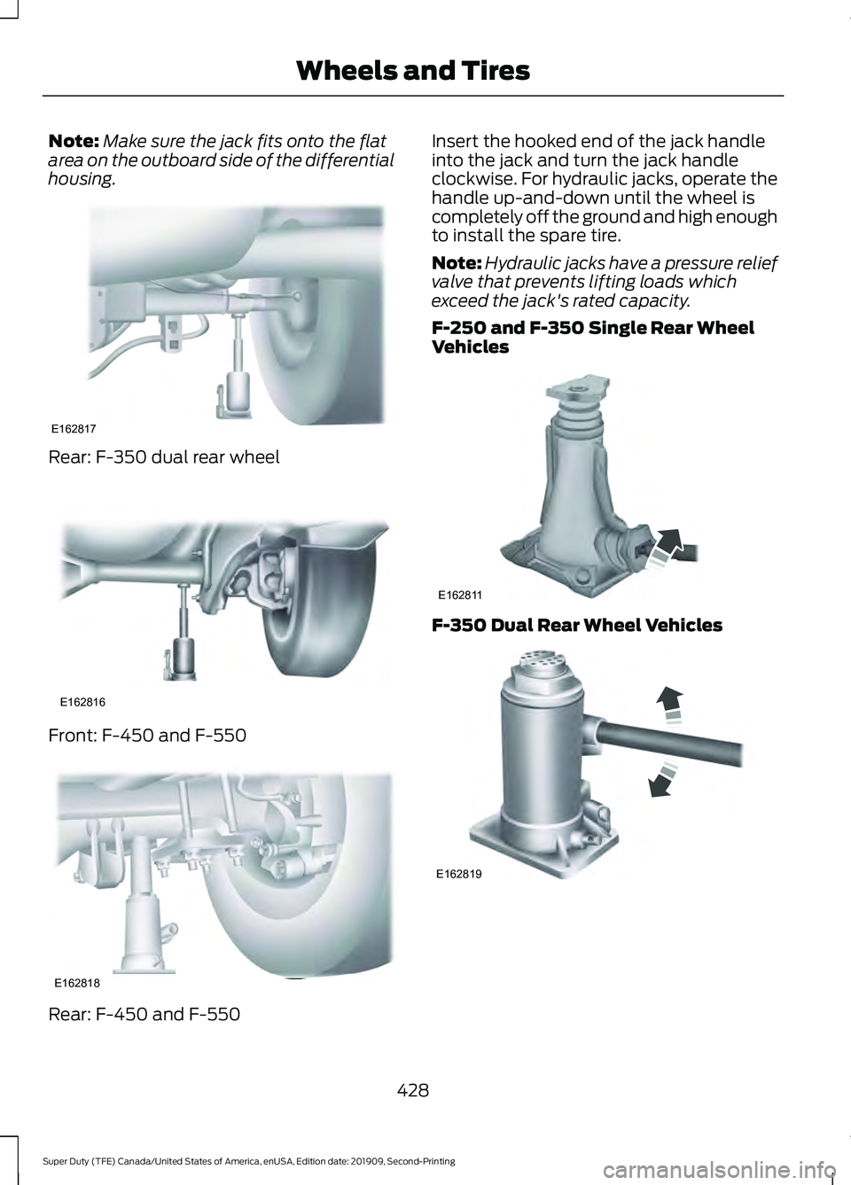 FORD F250 SUPER DUTY 2020  Owners Manual Note:
Make sure the jack fits onto the flat
area on the outboard side of the differential
housing. Rear: F-350 dual rear wheel
Front: F-450 and F-550
Rear: F-450 and F-550 Insert the hooked end of the