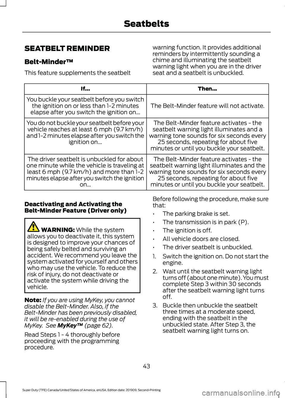 FORD F250 SUPER DUTY 2020 Owners Manual SEATBELT REMINDER
Belt-Minder™
This feature supplements the seatbelt
warning function. It provides additional
reminders by intermittently sounding a
chime and illuminating the seatbelt
warning light FORD F250 SUPER DUTY 2020 Owners Manual SEATBELT REMINDER
Belt-Minder™
This feature supplements the seatbelt
warning function. It provides additional
reminders by intermittently sounding a
chime and illuminating the seatbelt
warning light