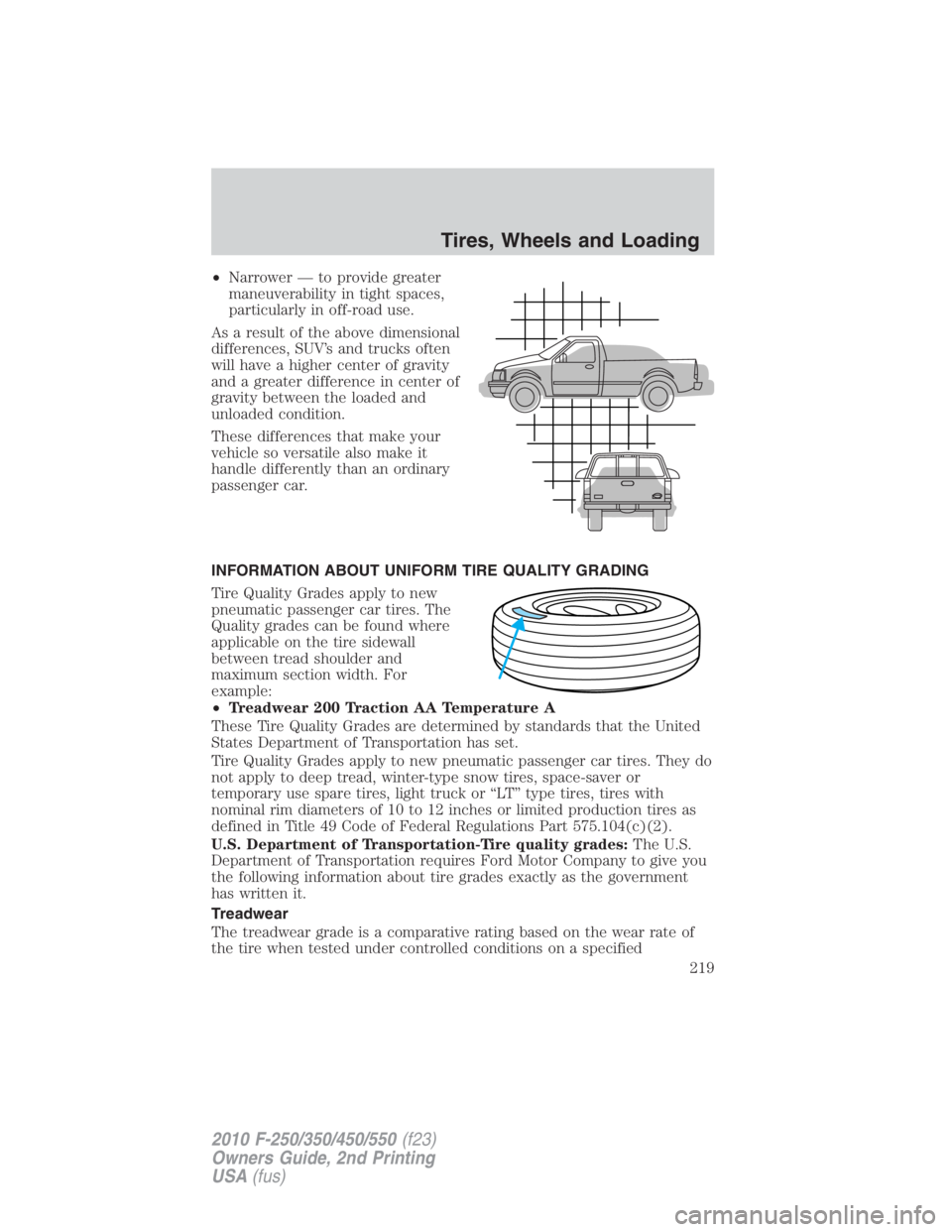 FORD F450 2010  Owners Manual • Narrower — to provide greater
maneuverability in tight spaces,
particularly in off-road use.
As a result of the above dimensional
differences, SUV’s and trucks often
will have a higher center 