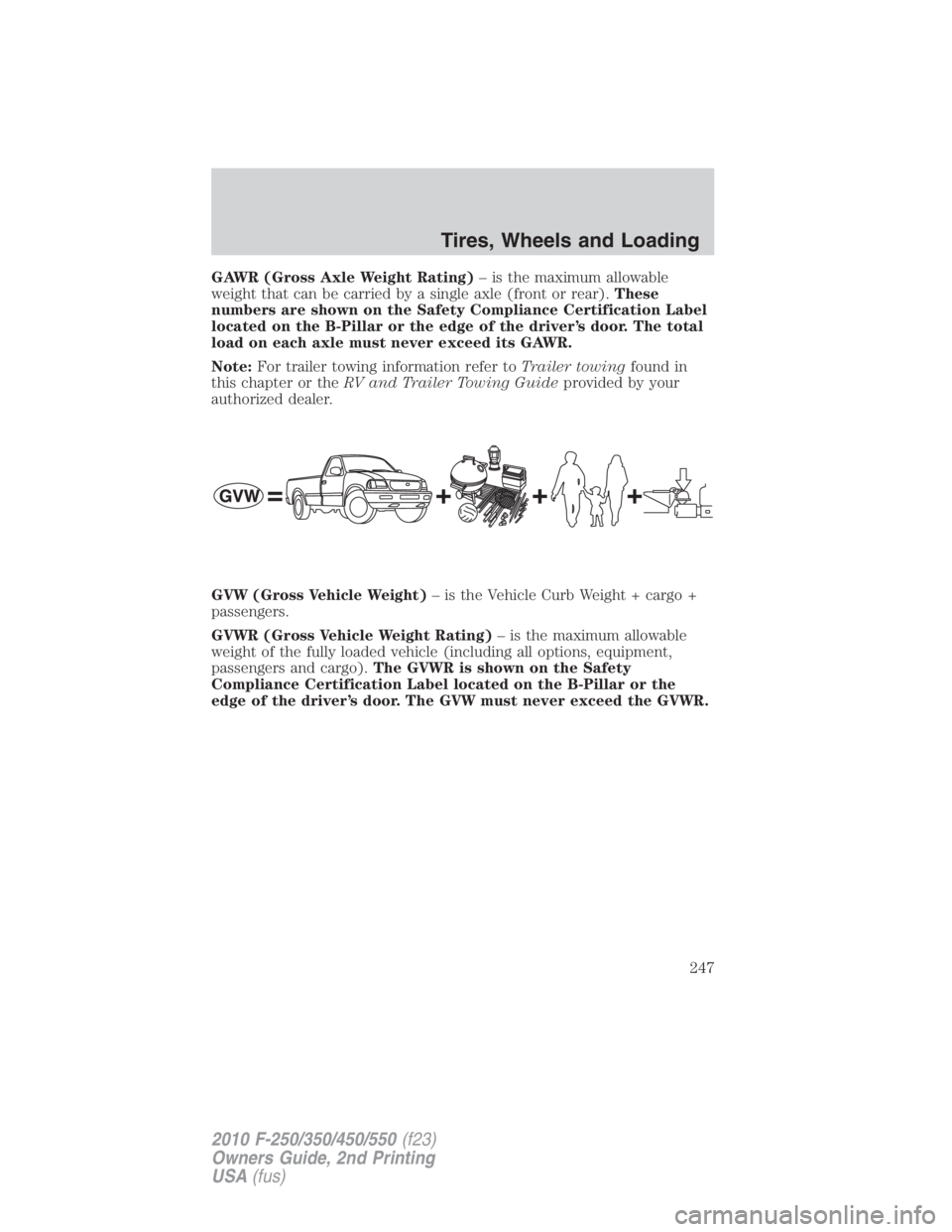 FORD F450 2010  Owners Manual GAWR (Gross Axle Weight Rating) – is the maximum allowable
weight that can be carried by a single axle (front or rear). These
numbers are shown on the Safety Compliance Certification Label
located o