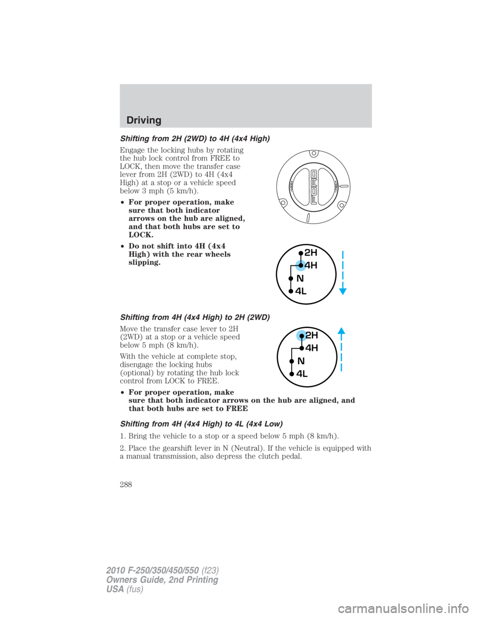 FORD F450 2010  Owners Manual Shifting from 2H (2WD) to 4H (4x4 High)
Engage the locking hubs by rotating
the hub lock control from FREE to
LOCK, then move the transfer case
lever from 2H (2WD) to 4H (4x4
High) at a stop or a vehi
