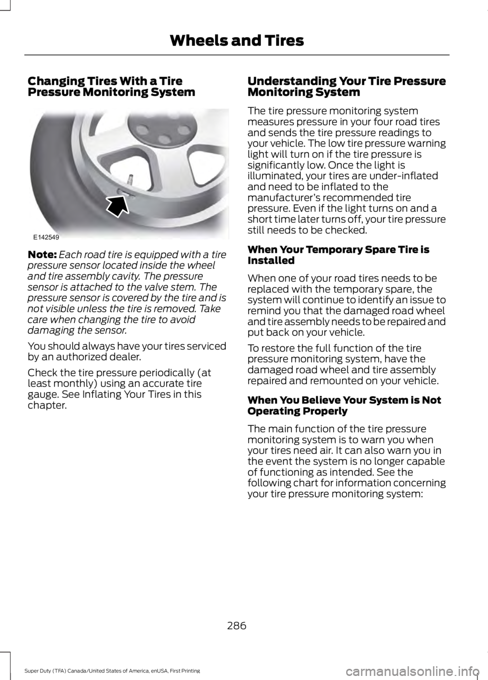 FORD F450 SUPER DUTY 2016 Owners Manual Changing Tires With a TirePressure Monitoring System
Note:Each road tire is equipped with a tirepressure sensor located inside the wheeland tire assembly cavity. The pressuresensor is attached to the FORD F450 SUPER DUTY 2016 Owners Manual Changing Tires With a TirePressure Monitoring System
Note:Each road tire is equipped with a tirepressure sensor located inside the wheeland tire assembly cavity. The pressuresensor is attached to the