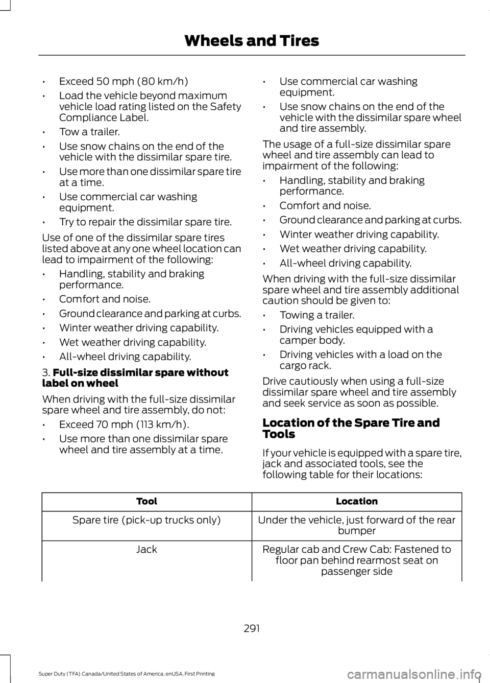 FORD F450 SUPER DUTY 2016 Owners Manual •Exceed 50 mph (80 km/h)
•Load the vehicle beyond maximumvehicle load rating listed on the SafetyCompliance Label.
•Tow a trailer.
•Use snow chains on the end of thevehicle with the dissimilar FORD F450 SUPER DUTY 2016 Owners Manual •Exceed 50 mph (80 km/h)
•Load the vehicle beyond maximumvehicle load rating listed on the SafetyCompliance Label.
•Tow a trailer.
•Use snow chains on the end of thevehicle with the dissimilar