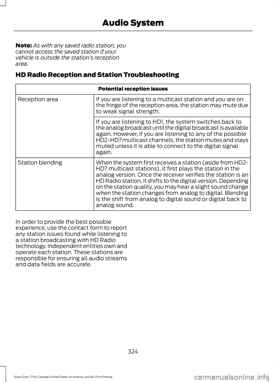 FORD F450 SUPER DUTY 2016 Owners Manual Note:As with any saved radio station, youcannot access the saved station if yourvehicle is outside the station’s receptionarea.
HD Radio Reception and Station Troubleshooting
Potential reception iss FORD F450 SUPER DUTY 2016 Owners Manual Note:As with any saved radio station, youcannot access the saved station if yourvehicle is outside the station’s receptionarea.
HD Radio Reception and Station Troubleshooting
Potential reception iss