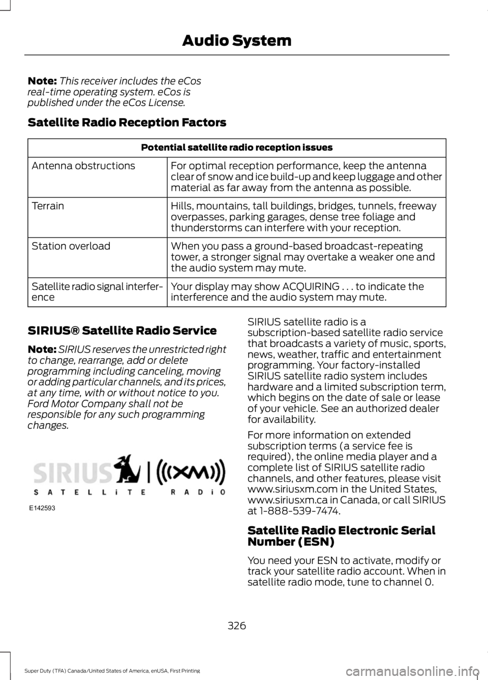 FORD F450 SUPER DUTY 2016 Owners Manual Note:This receiver includes the eCosreal-time operating system. eCos ispublished under the eCos License.
Satellite Radio Reception Factors
Potential satellite radio reception issues
For optimal recept FORD F450 SUPER DUTY 2016 Owners Manual Note:This receiver includes the eCosreal-time operating system. eCos ispublished under the eCos License.
Satellite Radio Reception Factors
Potential satellite radio reception issues
For optimal recept