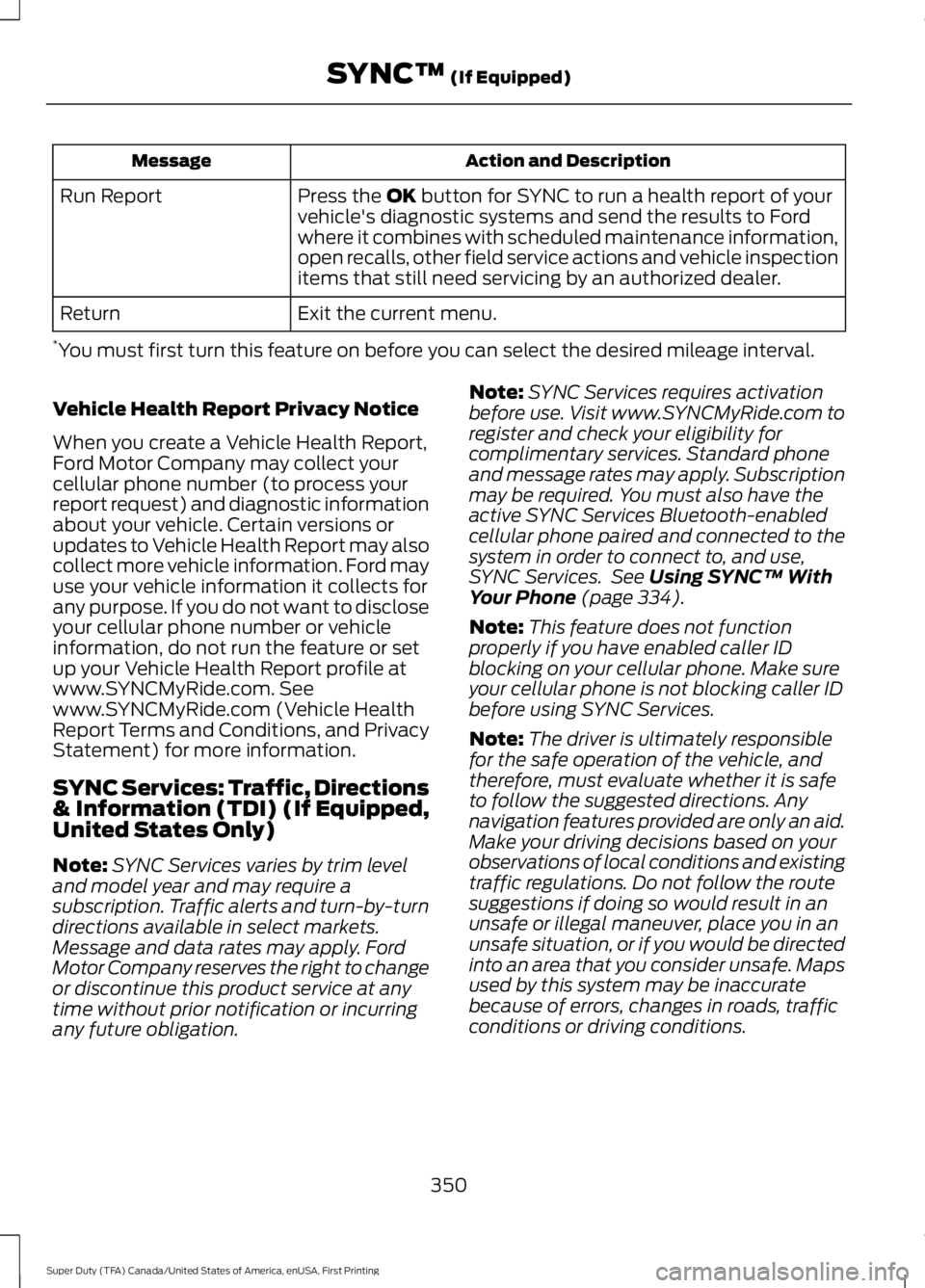 FORD F450 SUPER DUTY 2016  Owners Manual Action and DescriptionMessage
Press the OK button for SYNC to run a health report of yourvehicle's diagnostic systems and send the results to Fordwhere it combines with scheduled maintenance infor