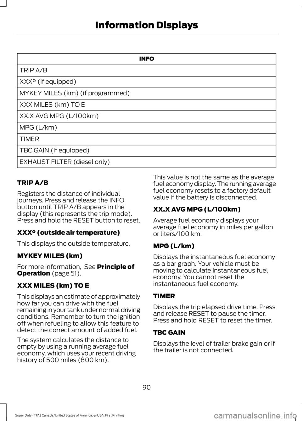 FORD F450 SUPER DUTY 2016 Owners Manual INFO
TRIP A/B
XXX° (if equipped)
MYKEY MILES (km) (if programmed)
XXX MILES (km) TO E
XX.X AVG MPG (L/100km)
MPG (L/km)
TIMER
TBC GAIN (if equipped)
EXHAUST FILTER (diesel only)
TRIP A/B
Registers th FORD F450 SUPER DUTY 2016 Owners Manual INFO
TRIP A/B
XXX° (if equipped)
MYKEY MILES (km) (if programmed)
XXX MILES (km) TO E
XX.X AVG MPG (L/100km)
MPG (L/km)
TIMER
TBC GAIN (if equipped)
EXHAUST FILTER (diesel only)
TRIP A/B
Registers th
