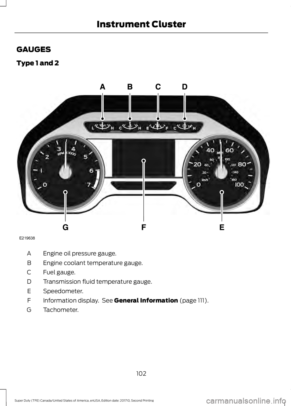 FORD F450 SUPER DUTY 2017  Owners Manual GAUGES
Type 1 and 2
Engine oil pressure gauge.A
Engine coolant temperature gauge.B
Fuel gauge.C
Transmission fluid temperature gauge.D
Speedometer.E
Information display.  See General Information (page