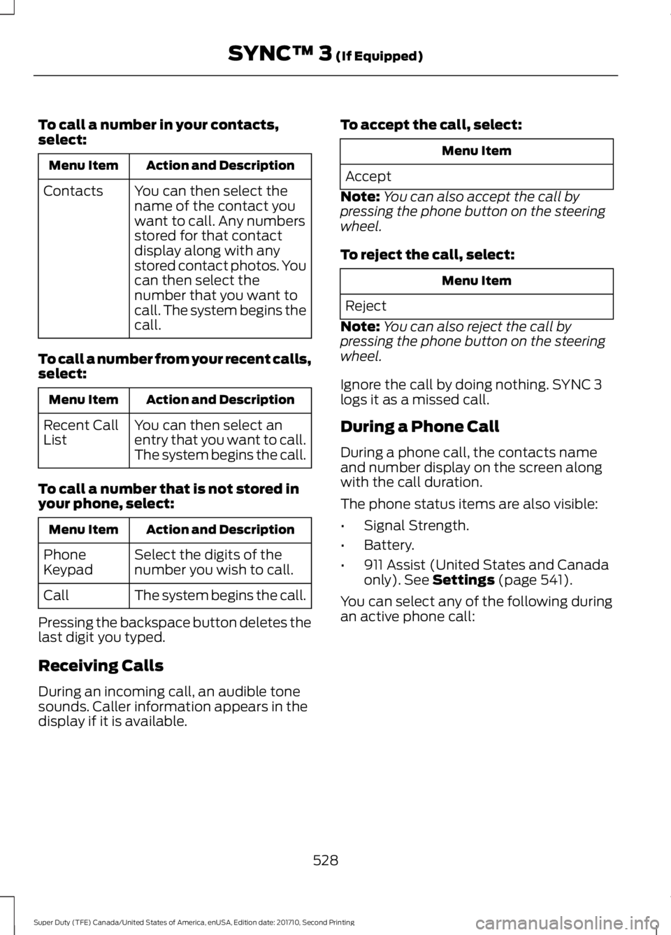 FORD F450 SUPER DUTY 2017  Owners Manual To call a number in your contacts,select:
Action and DescriptionMenu Item
You can then select thename of the contact youwant to call. Any numbersstored for that contactdisplay along with anystored con