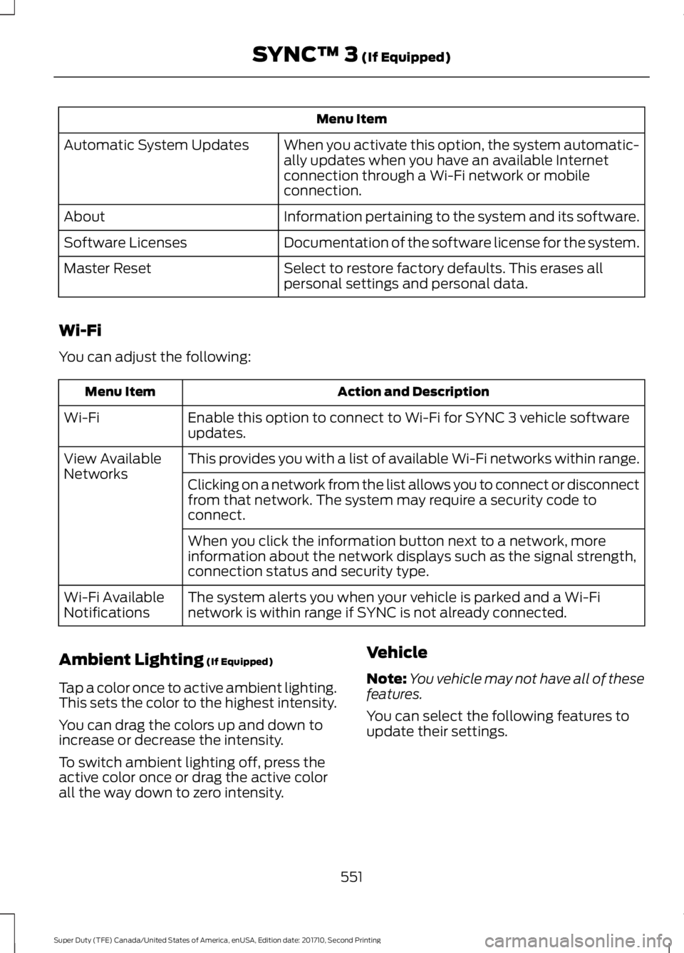 FORD F450 SUPER DUTY 2017  Owners Manual Menu Item
When you activate this option, the system automatic-ally updates when you have an available Internetconnection through a Wi-Fi network or mobileconnection.
Automatic System Updates
Informati