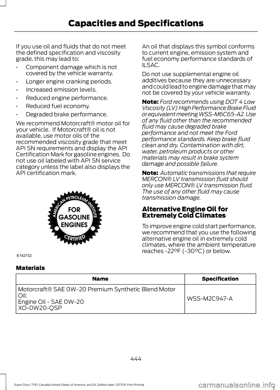 FORD F450 SUPER DUTY 2018  Owners Manual If you use oil and fluids that do not meet
the defined specification and viscosity
grade, this may lead to:
•
Component damage which is not
covered by the vehicle warranty.
• Longer engine crankin