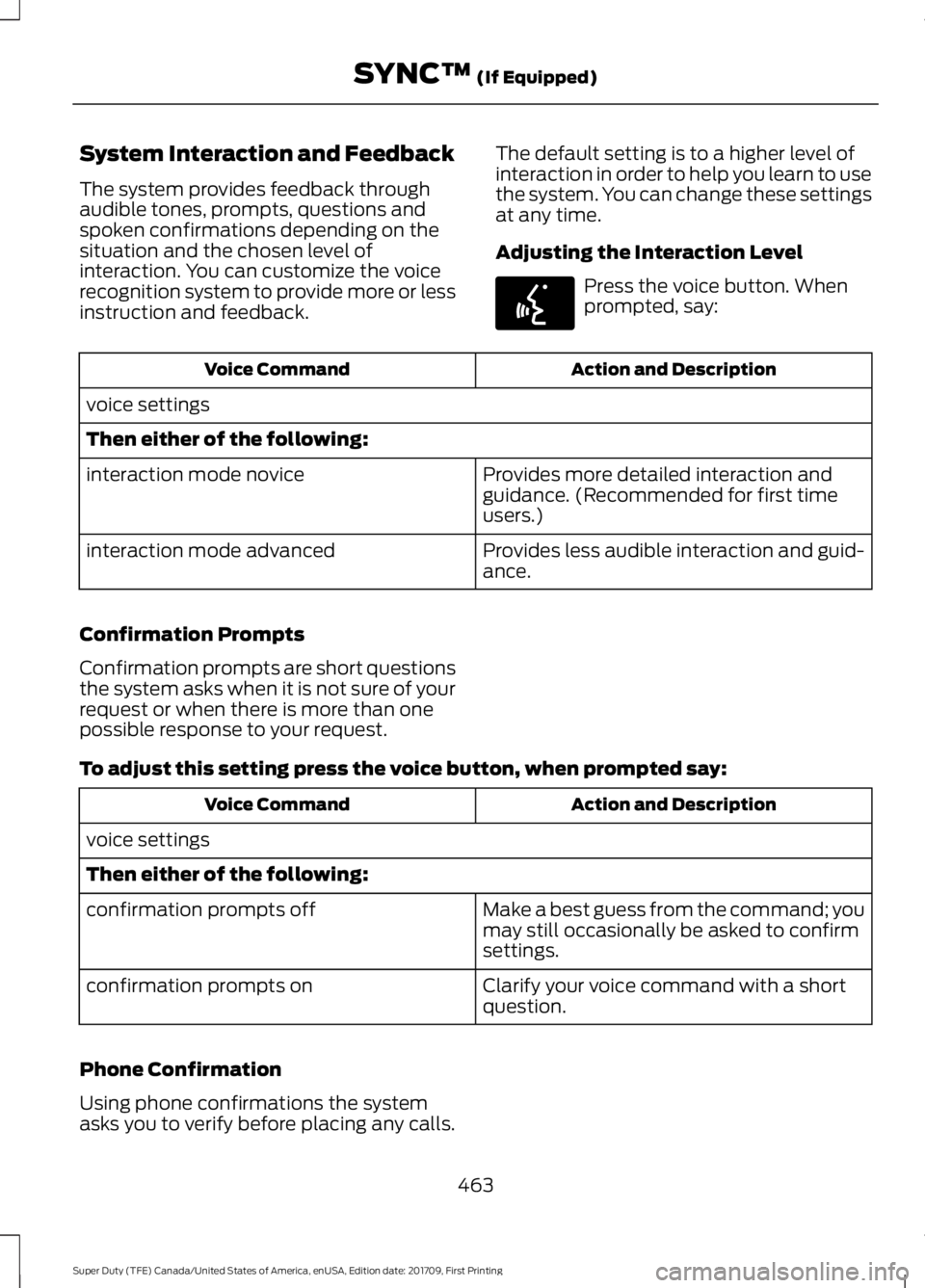 FORD F450 SUPER DUTY 2018  Owners Manual System Interaction and Feedback
The system provides feedback through
audible tones, prompts, questions and
spoken confirmations depending on the
situation and the chosen level of
interaction. You can 