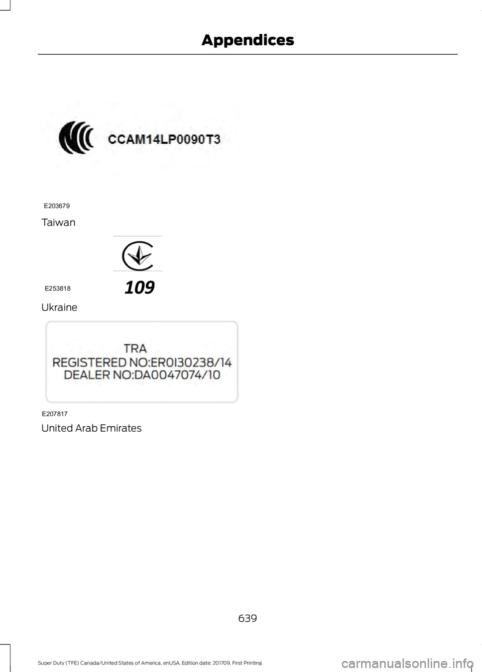 FORD F450 SUPER DUTY 2018  Owners Manual Taiwan
Ukraine
United Arab Emirates
639
Super Duty (TFE) Canada/United States of America, enUSA, Edition date: 201709, First Printing AppendicesE203679 E253818 E207817  