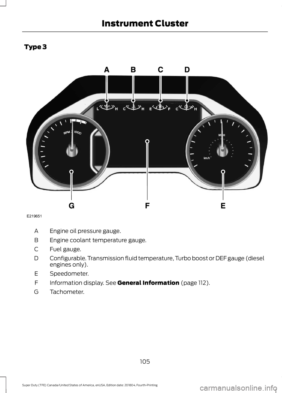 FORD F450 SUPER DUTY 2019  Owners Manual Type 3
Engine oil pressure gauge.
A
Engine coolant temperature gauge.
B
Fuel gauge.
C
Configurable. Transmission fluid temperature, Turbo boost or DEF gauge (diesel
engines only).
D
Speedometer.
E
Inf