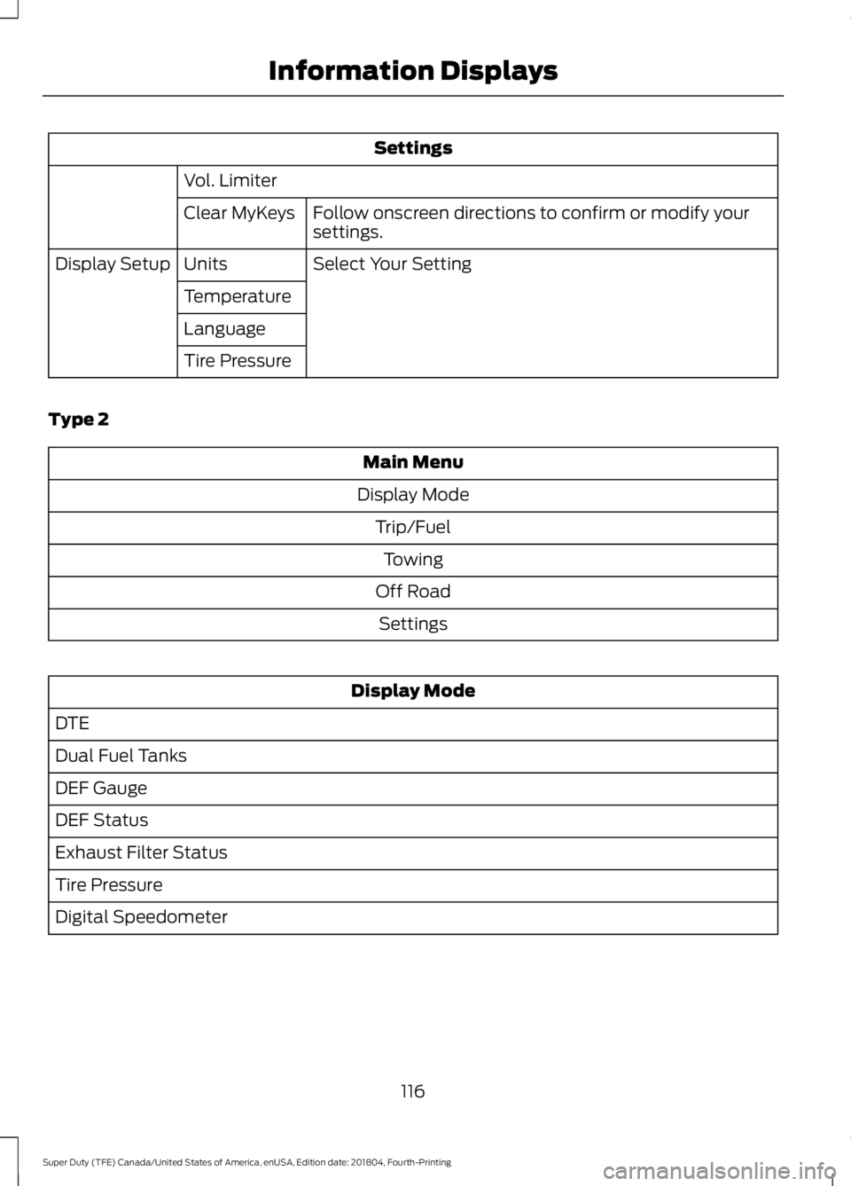 FORD F450 SUPER DUTY 2019  Owners Manual Settings
Vol. Limiter Follow onscreen directions to confirm or modify your
settings.
Clear MyKeys
Select Your Setting
Units
Display Setup
Temperature
Language
Tire Pressure
Type 2 Main Menu
Display Mo