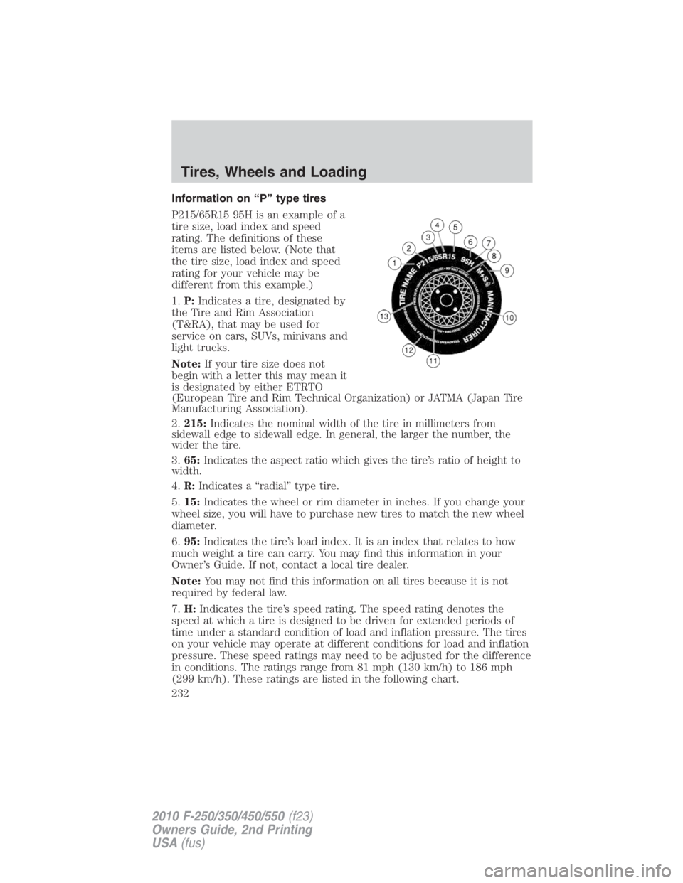 FORD F550 2010  Owners Manual Information on “P” type tires
P215/65R15 95H is an example of a
tire size, load index and speed
rating. The definitions of these
items are listed below. (Note that
the tire size, load index and sp