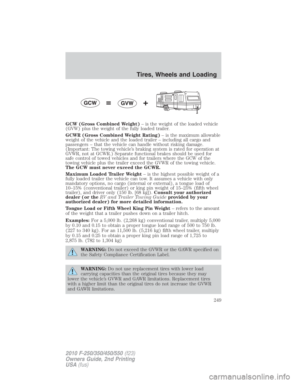 FORD F550 2010  Owners Manual GCW (Gross Combined Weight) – is the weight of the loaded vehicle
(GVW) plus the weight of the fully loaded trailer.
GCWR (Gross Combined Weight Rating) – is the maximum allowable
weight of the ve