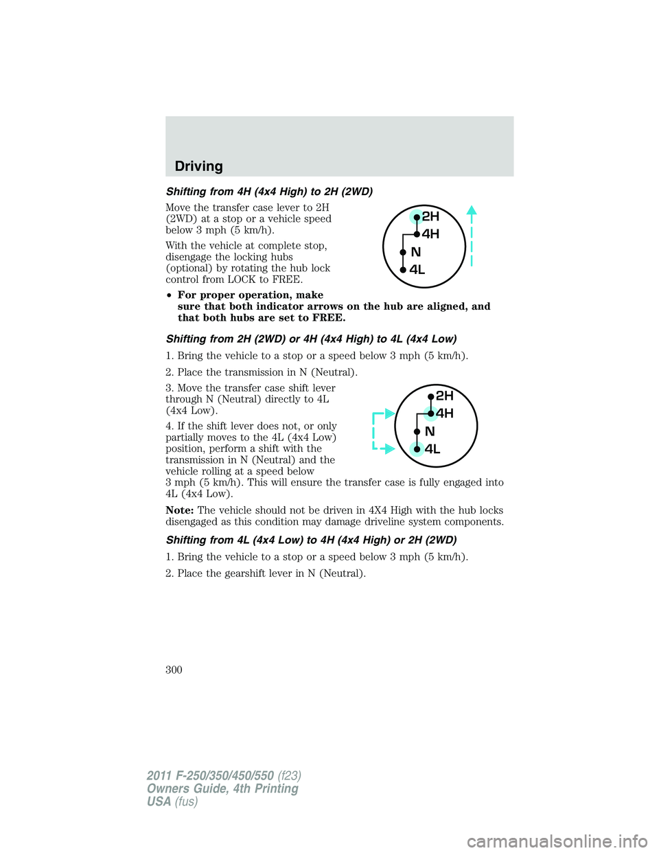 FORD F550 2011 Owners Manual Shifting from 4H (4x4 High) to 2H (2WD)
Move the transfer case lever to 2H
(2WD) at a stop or a vehicle speed
below 3 mph (5 km/h).
With the vehicle at complete stop,
disengage the locking hubs
(optio FORD F550 2011 Owners Manual Shifting from 4H (4x4 High) to 2H (2WD)
Move the transfer case lever to 2H
(2WD) at a stop or a vehicle speed
below 3 mph (5 km/h).
With the vehicle at complete stop,
disengage the locking hubs
(optio