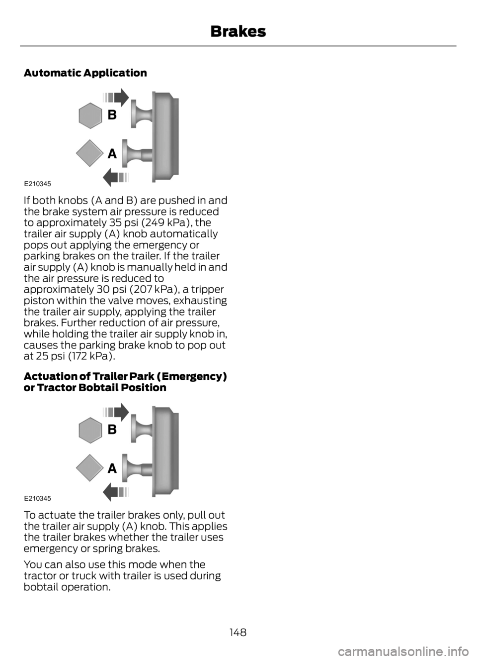 FORD F650/750 2023  Owners Manual Automatic Application
E210345
If both knobs (A and B) are pushed in and
the brake system air pressure is reduced
to approximately 35 psi (249 kPa), the
trailer air supply (A) knob automatically
pops o