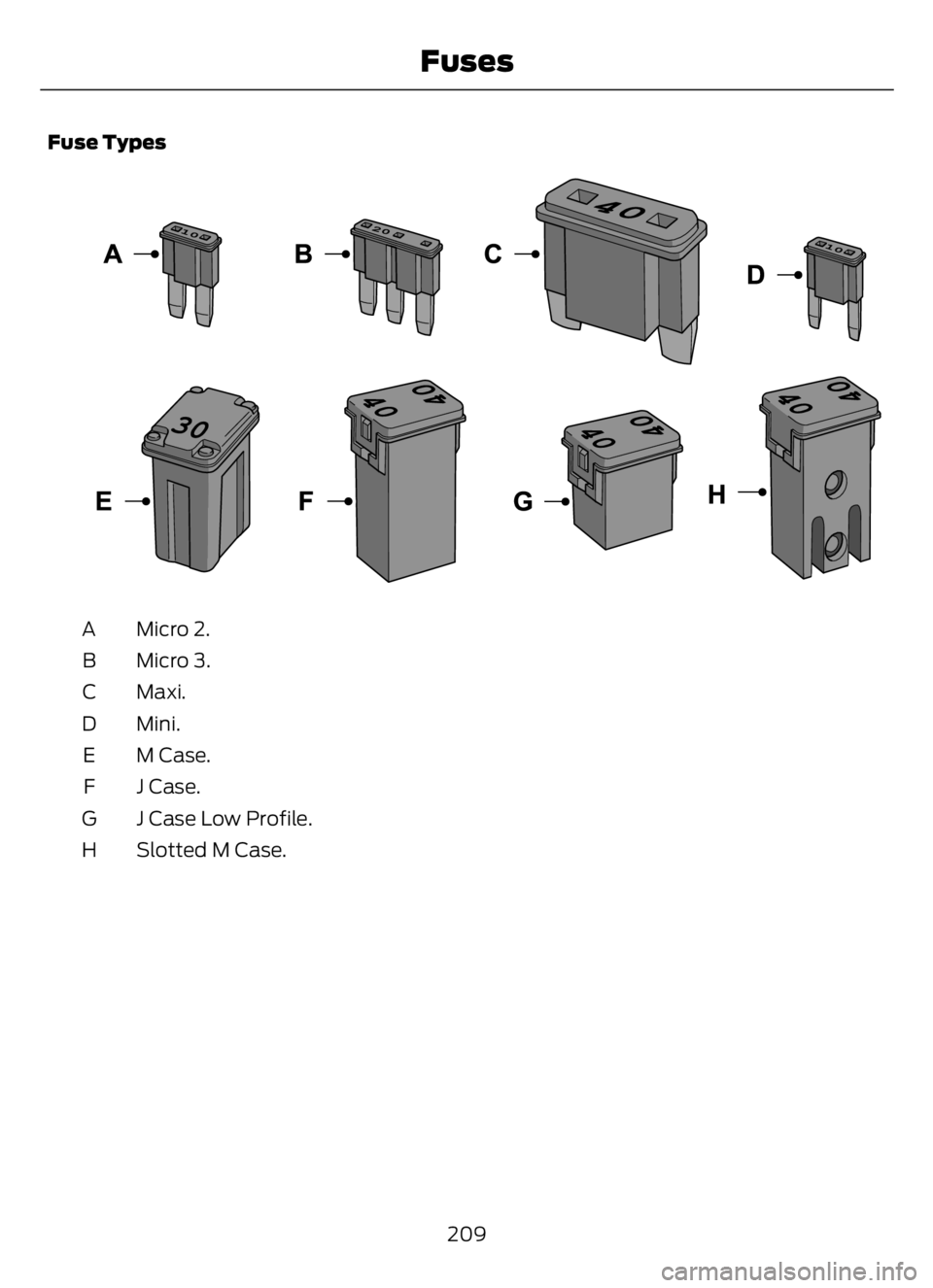 FORD F650/750 2023  Owners Manual Fuse Types
E267379E267379
Micro 2. A
Micro 3. B
Maxi. C
Mini. D
M Case. E
J Case. F
J Case Low Profile. G
Slotted M Case. H
209
Fuses 