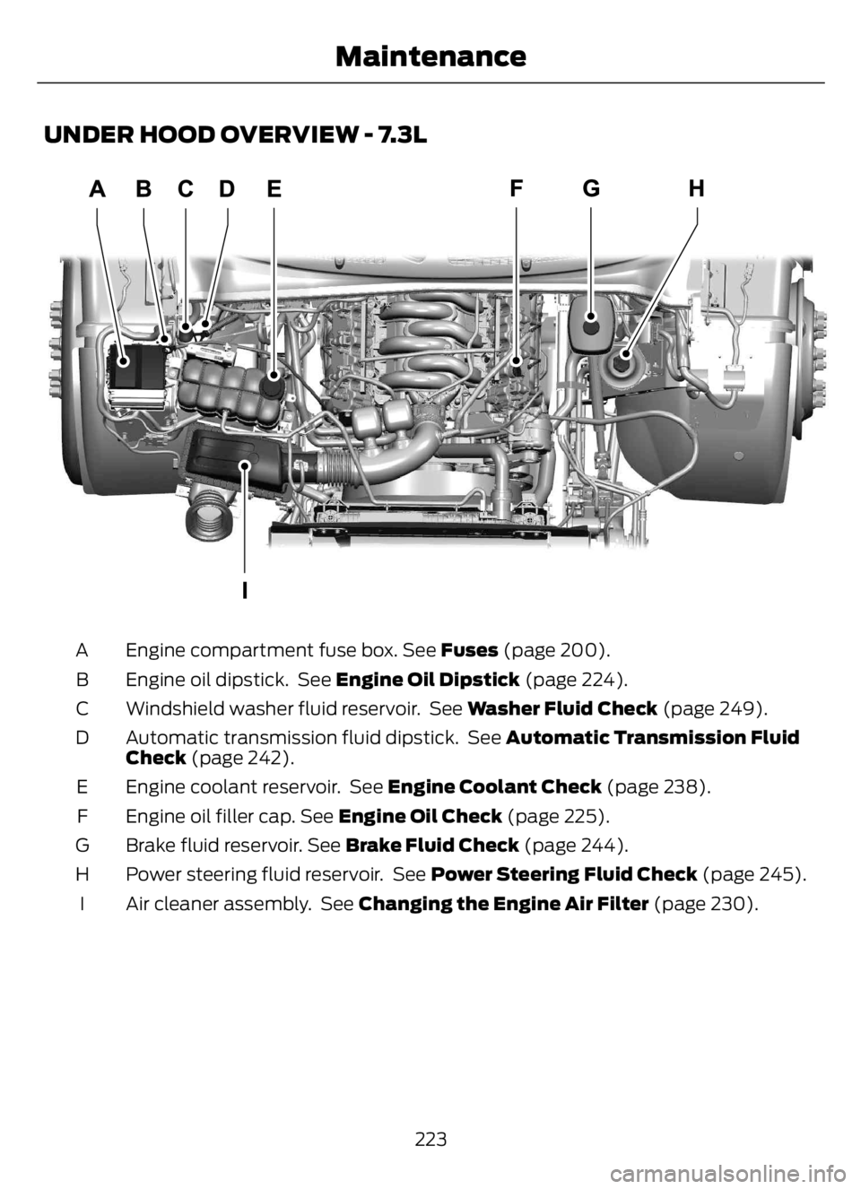 FORD F650/750 2023  Owners Manual UNDER HOOD OVERVIEW - 7.3L
E330964E330964
Engine compartment fuse box. See Fuses (page 200). A
Engine oil dipstick.  See Engine Oil Dipstick (page 224). B
Windshield washer fluid reservoir.  See Washe