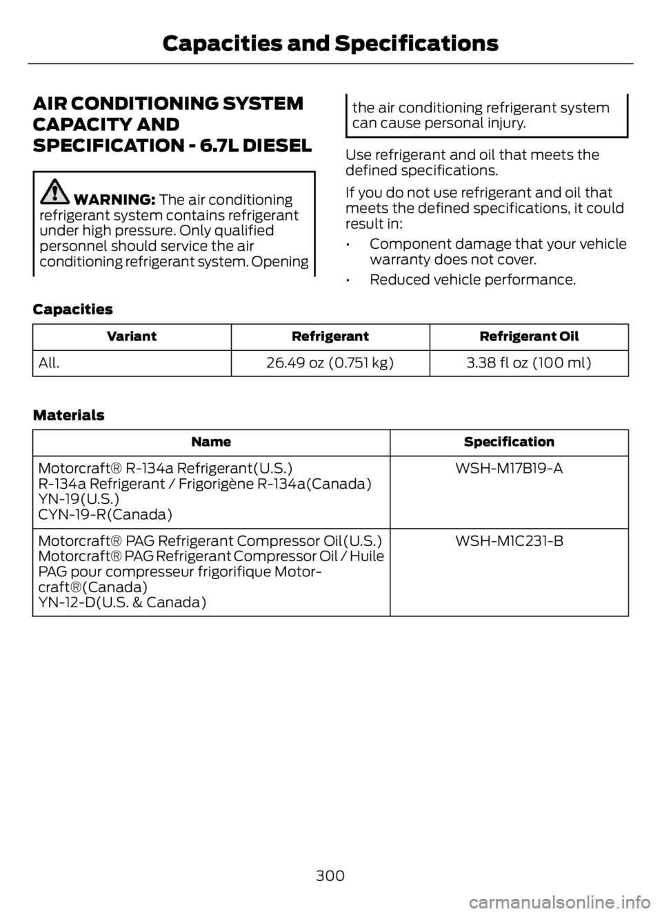 FORD F650/750 2023  Owners Manual AIR CONDITIONING SYSTEM
CAPACITY AND
SPECIFICATION - 6.7L DIESEL
WARNING: The air conditioning
refrigerant system contains refrigerant
under high pressure. Only qualified
personnel should service the 
