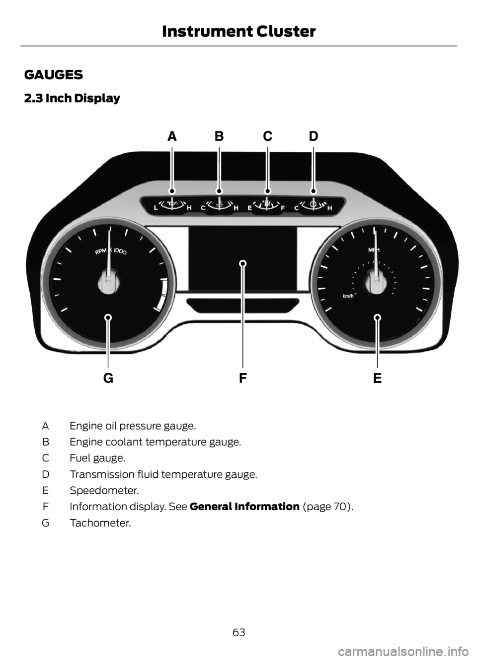 FORD F650/750 2023  Owners Manual GAUGES
2.3 Inch Display
E219638E219638
Engine oil pressure gauge. A
Engine coolant temperature gauge. B
Fuel gauge. C
Transmission fluid temperature gauge. D
Speedometer. E
Information display. See Ge