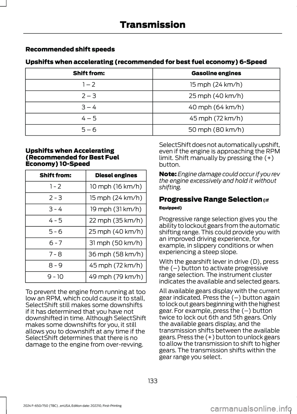 FORD F650/750 2024  Owners Manual Recommended shift speeds
Upshifts when accelerating (recommended for best fuel economy) 6-Speed
Gasoline enginesShift from:
15 mph (24 km/h)1 – 2
25 mph (40 km/h)2 – 3
40 mph (64 km/h)3 – 4
45 m