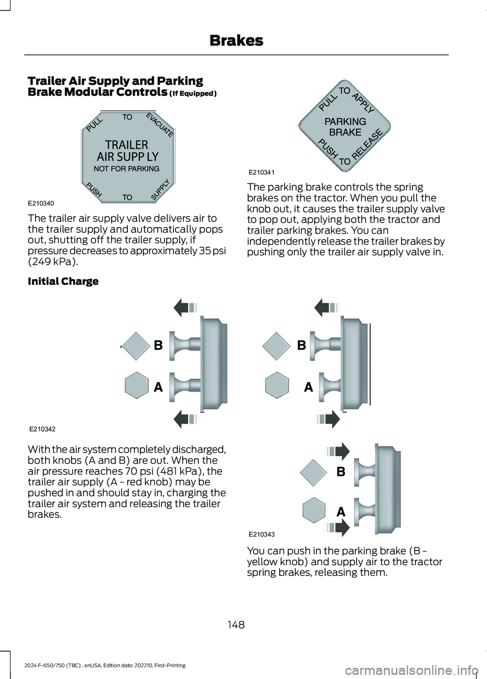 FORD F650/750 2024  Owners Manual Trailer Air Supply and ParkingBrake Modular Controls (If Equipped)
The trailer air supply valve delivers air tothe trailer supply and automatically popsout, shutting off the trailer supply, ifpressure