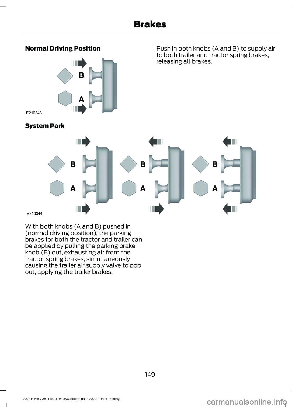 FORD F650/750 2024  Owners Manual Normal Driving PositionPush in both knobs (A and B) to supply airto both trailer and tractor spring brakes,releasing all brakes.
System Park
With both knobs (A and B) pushed in(normal driving position