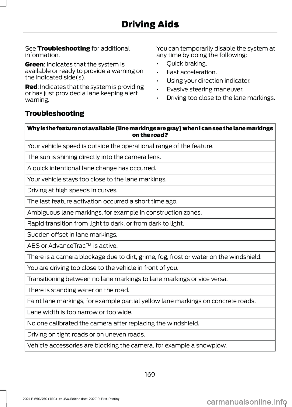 FORD F650/750 2024  Owners Manual See Troubleshooting for additionalinformation.
Green: Indicates that the system isavailable or ready to provide a warning onthe indicated side(s).
Red: Indicates that the system is providingor has jus