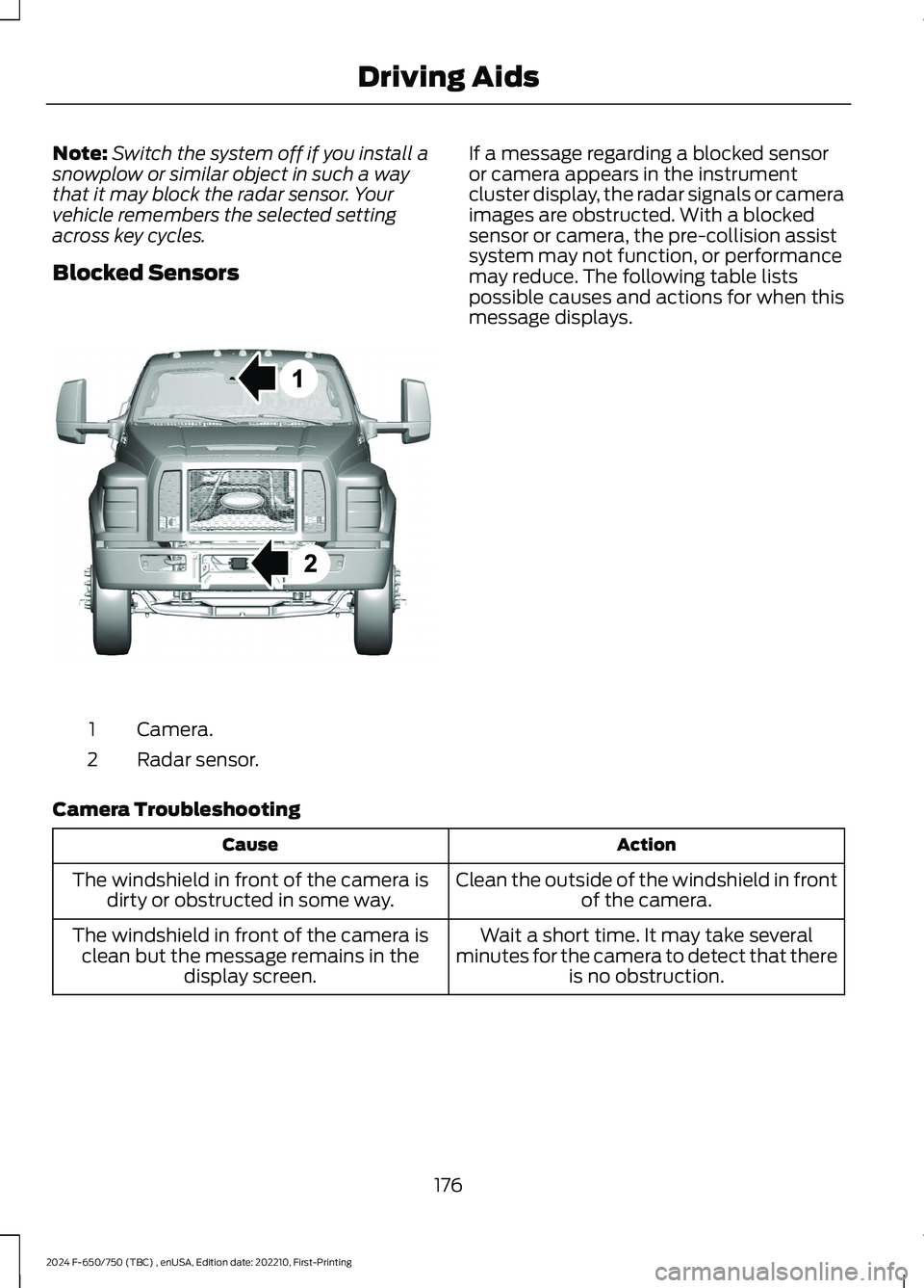 FORD F650/750 2024  Owners Manual Note:Switch the system off if you install asnowplow or similar object in such a waythat it may block the radar sensor. Yourvehicle remembers the selected settingacross key cycles.
Blocked Sensors
Came