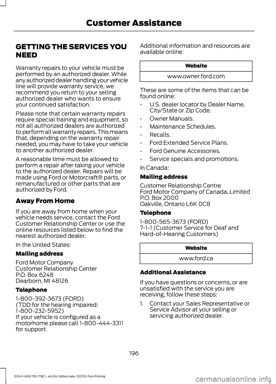 FORD F650/750 2024  Owners Manual GETTING THE SERVICES YOU
NEED
Warranty repairs to your vehicle must beperformed by an authorized dealer. Whileany authorized dealer handling your vehicleline will provide warranty service, werecommend