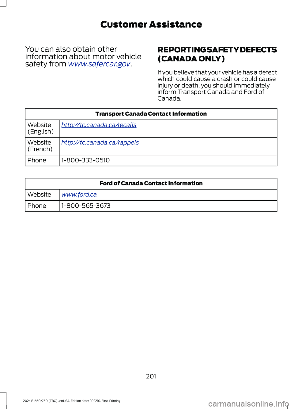 FORD F650/750 2024  Owners Manual You can also obtain otherinformation about motor vehiclesafety from www.safercar.gov.
REPORTING SAFETY DEFECTS
(CANADA ONLY)
If you believe that your vehicle has a defectwhich could cause a crash or c