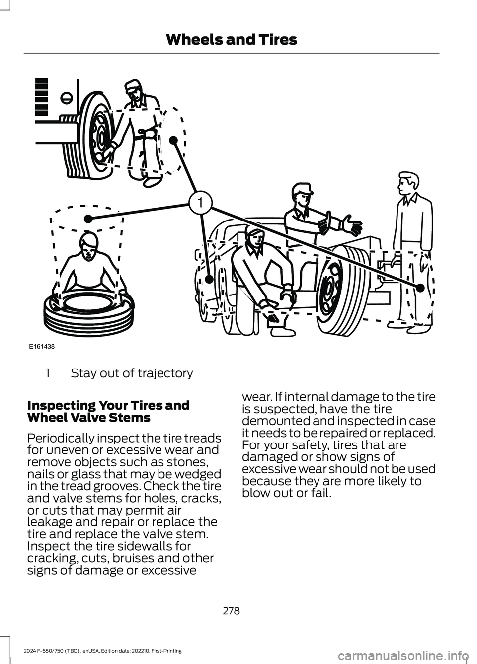 FORD F650/750 2024  Owners Manual Stay out of trajectory1
Inspecting Your Tires andWheel Valve Stems
Periodically inspect the tire treadsfor uneven or excessive wear andremove objects such as stones,nails or glass that may be wedged
i