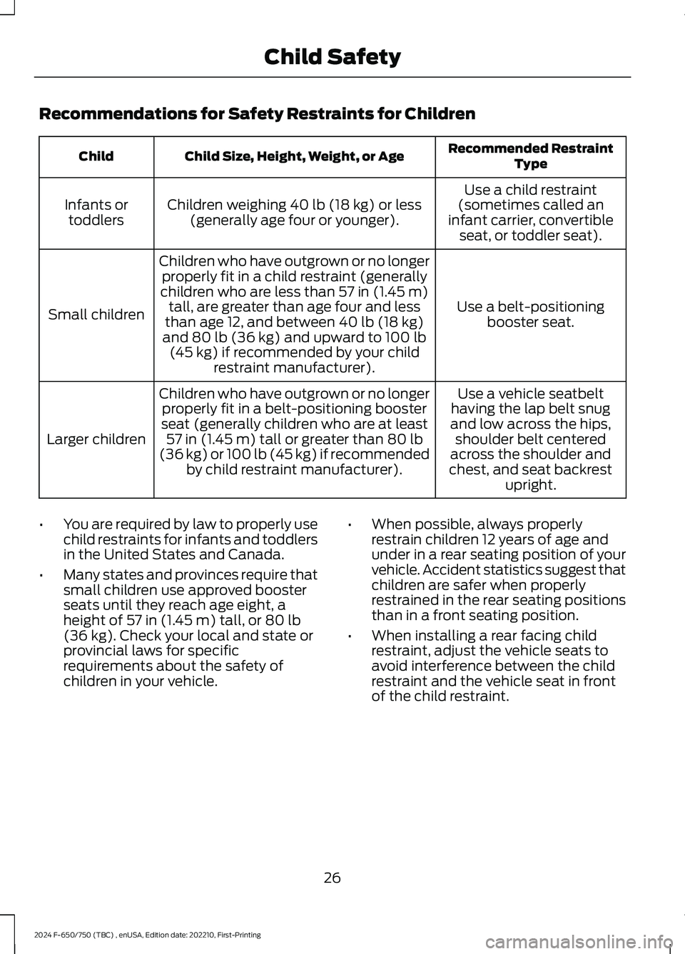 FORD F650/750 2024  Owners Manual Recommendations for Safety Restraints for Children
Recommended RestraintTypeChild Size, Height, Weight, or AgeChild
Use a child restraint(sometimes called aninfant carrier, convertibleseat, or toddler