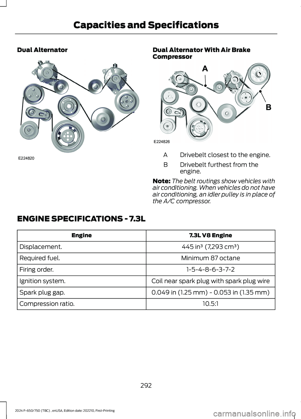 FORD F650/750 2024  Owners Manual Dual AlternatorDual Alternator With Air BrakeCompressor
Drivebelt closest to the engine.A
Drivebelt furthest from theengine.B
Note:The belt routings show vehicles withair conditioning. When vehicles d