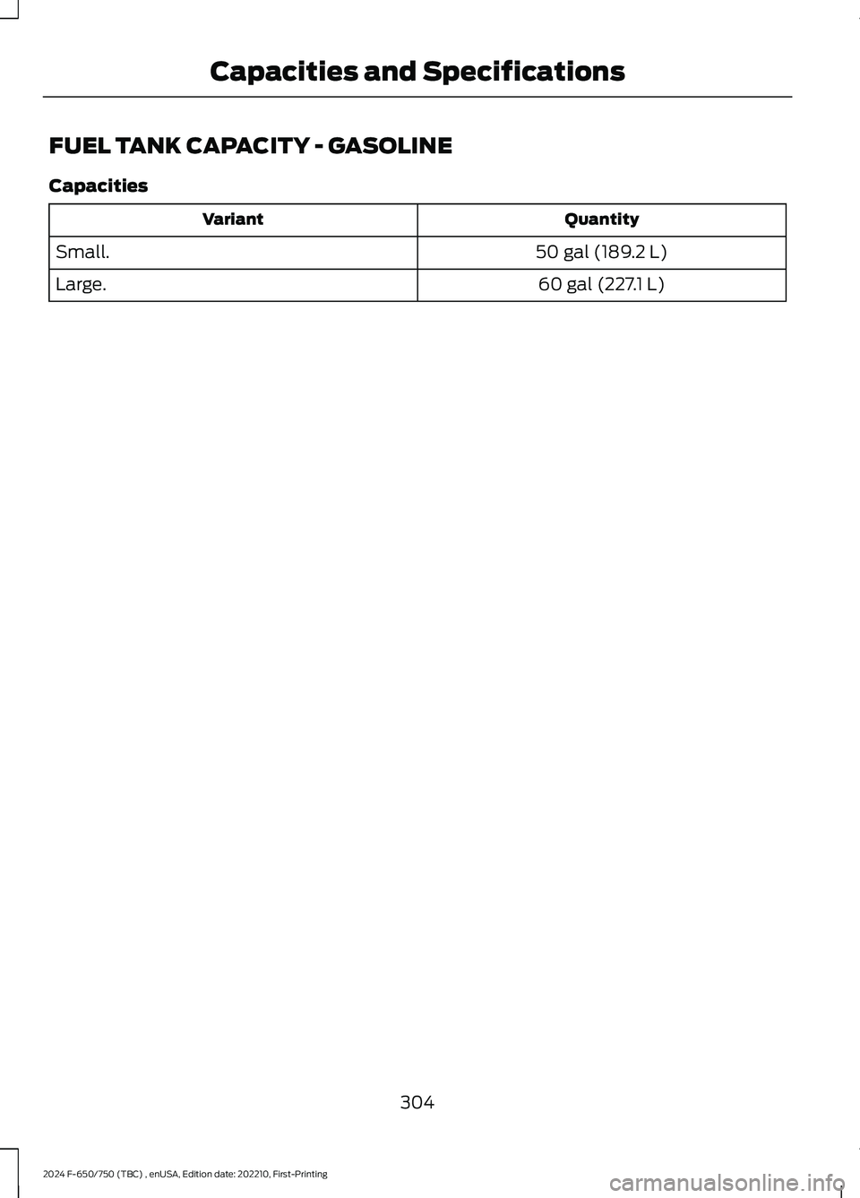 FORD F650/750 2024  Owners Manual FUEL TANK CAPACITY - GASOLINE
Capacities
QuantityVariant
50 gal (189.2 L)Small.
60 gal (227.1 L)Large.
304
2024 F-650/750 (TBC) , enUSA, Edition date: 202210, First-PrintingCapacities and Specificatio