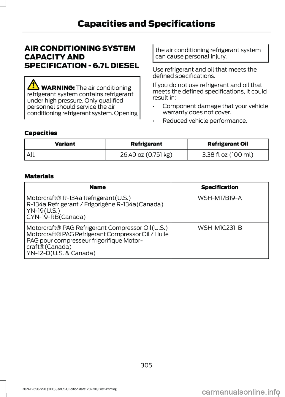 FORD F650/750 2024  Owners Manual AIR CONDITIONING SYSTEM
CAPACITY AND
SPECIFICATION - 6.7L DIESEL
WARNING: The air conditioningrefrigerant system contains refrigerantunder high pressure. Only qualifiedpersonnel should service the air